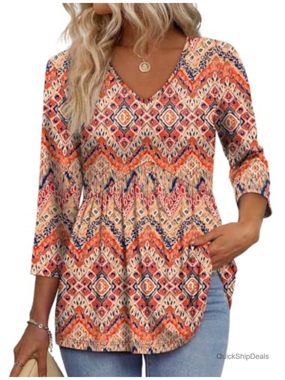 3/4 Sleeve V Neck Babydoll Top Flowy Tunic Blouse Loose Fit